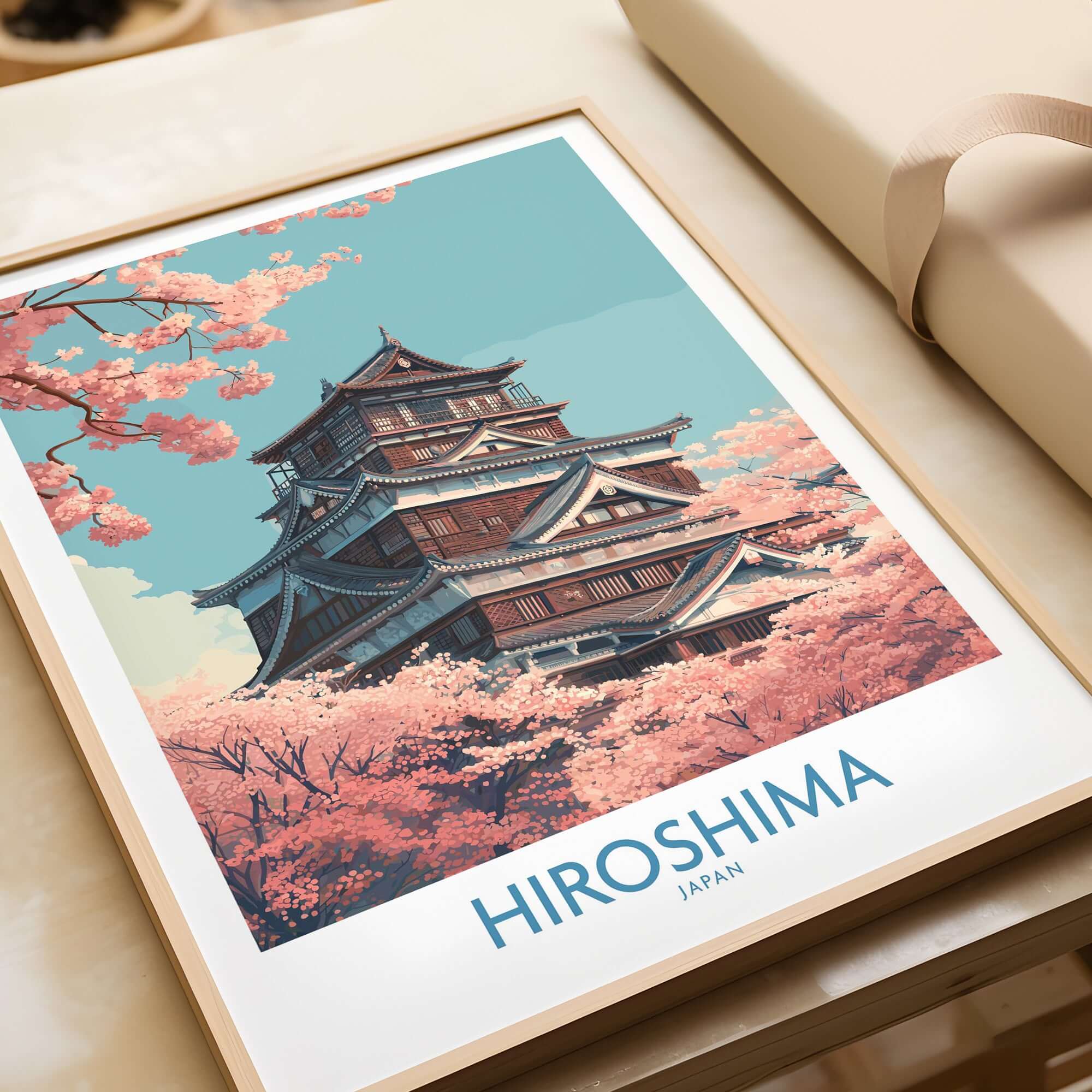 Hiroshima Wall Art Print Japan Cherry Blossom Poster featuring a beautiful castle surrounded by pink blossoms.