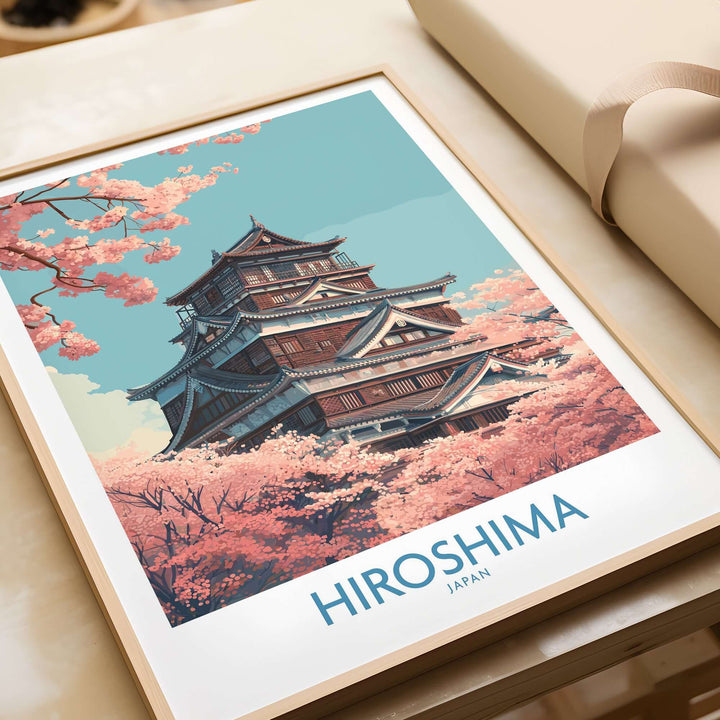 Hiroshima wall art print depicting a cherry blossom scene with a traditional Japanese castle.