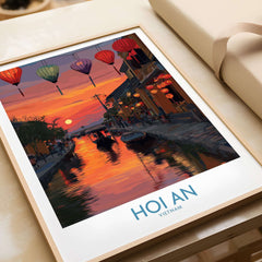 Hoi An Wall Art Vietnam - River Boats Poster showcasing a vibrant sunset over a canal in Hoi An, Vietnam.