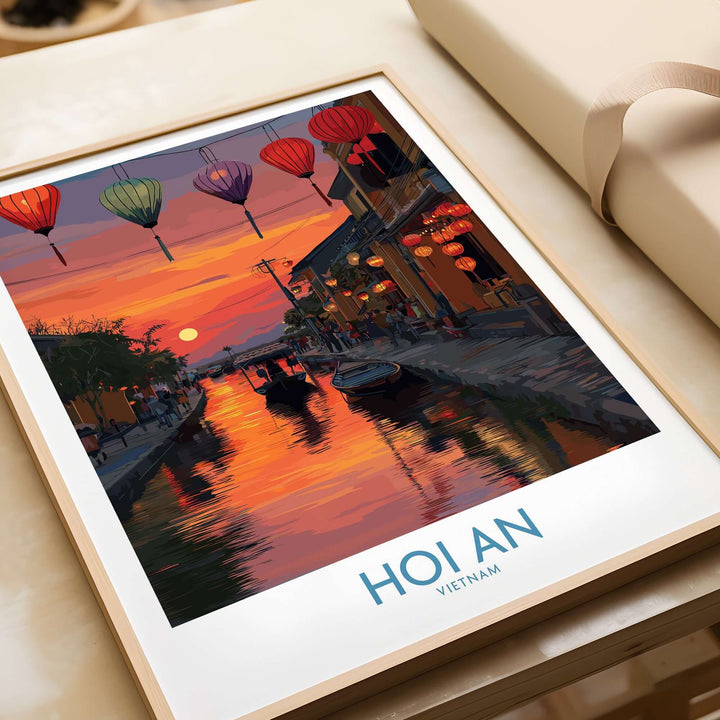 Hoi An Wall Art Vietnam river boats poster featuring colorful lanterns and a vibrant sunset reflection.