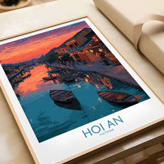 Hoi An Print Vietnam Colorful Lantern Poster featuring vibrant sunset and boats on the river, adding cultural charm.