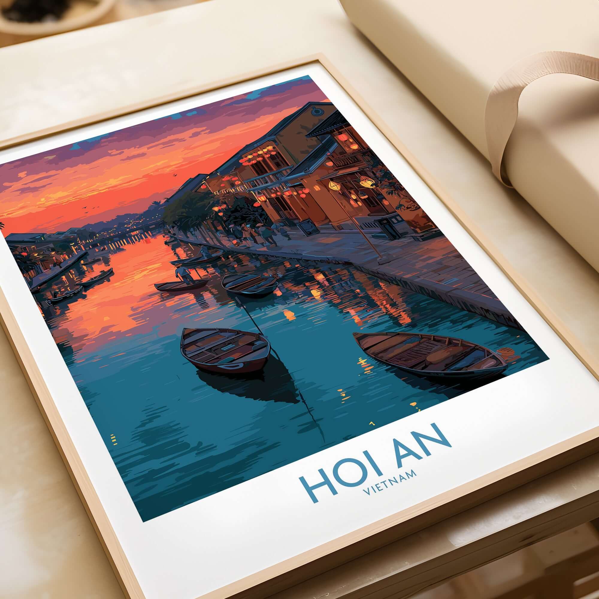 Hoi An Print Vietnam Colorful Lantern Poster featuring vibrant sunset and boats on the river, adding cultural charm.