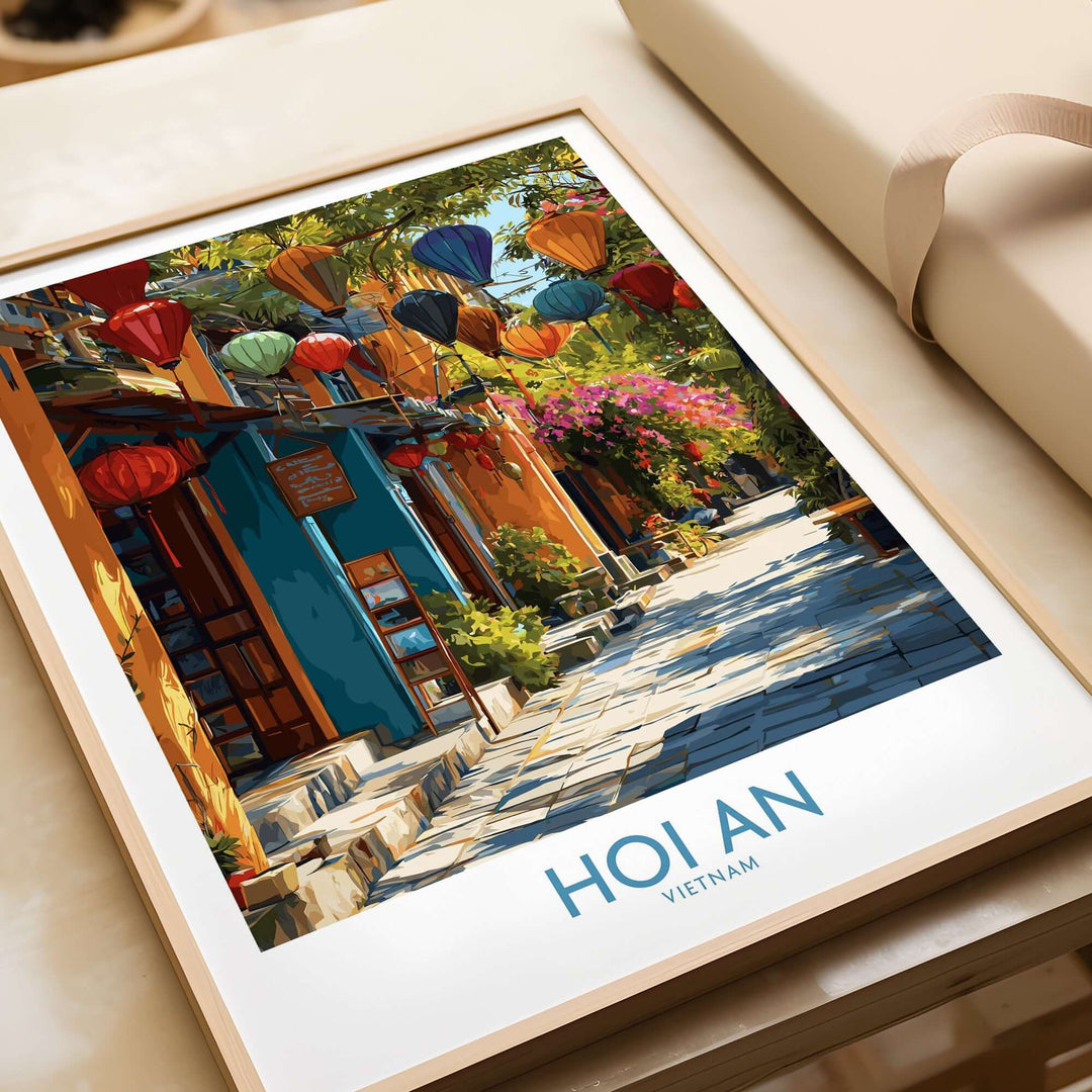 Hoi An Vietnam colorful lantern wall art print featuring a vibrant street scene and sunset backdrop.