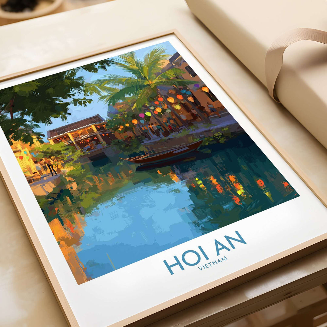 Hoi An Vietnam wall art featuring a tranquil evening river scene with lanterns and palm trees.