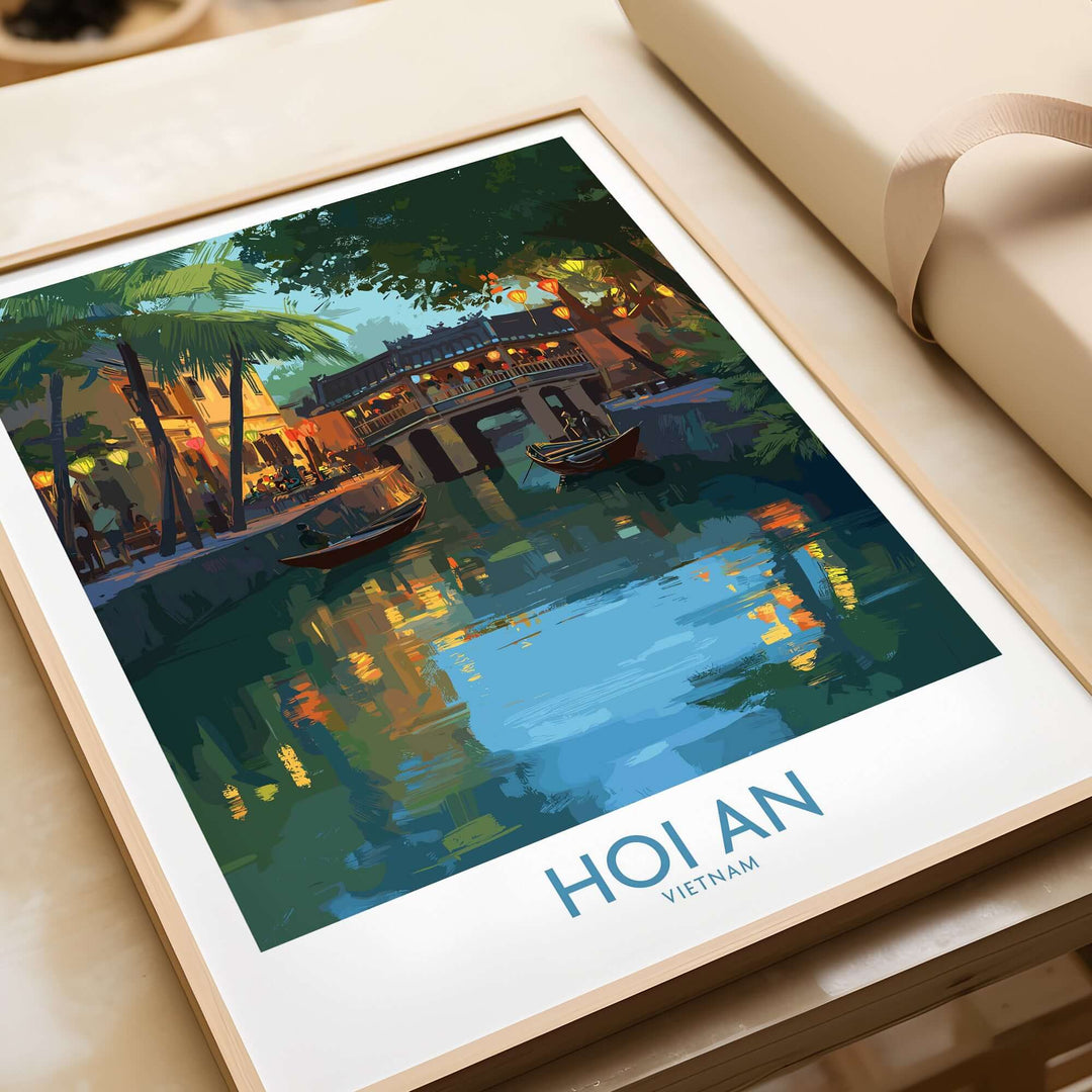 Hoi An Vietnam river scene wall art featuring a serene river view with boats and colorful reflections, perfect for home decor.