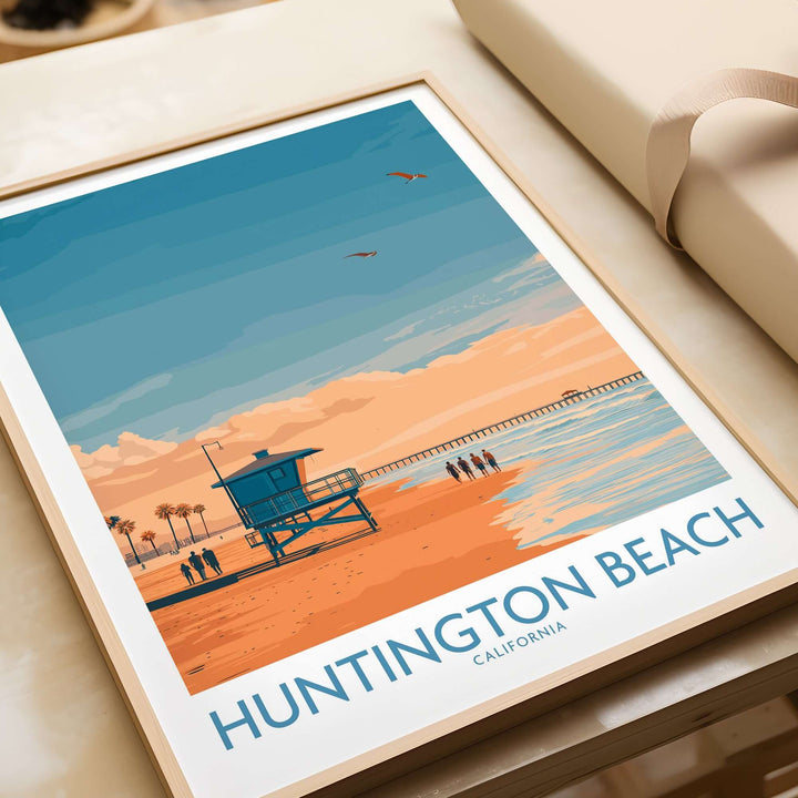 Huntington Beach Surfing Poster showcasing lifeguard tower and pier in vibrant orange and blue tones, California travel decor.