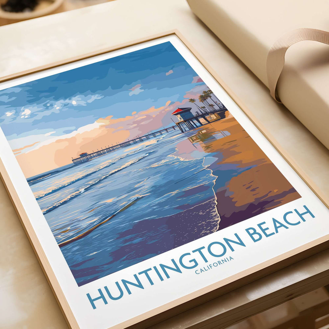 Huntington City Beach poster showcasing vibrant sunset over ocean waves and pier in California.