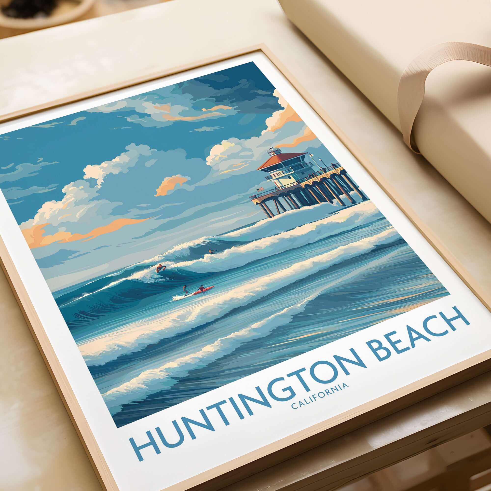 Huntington Beach California Surfing Poster - California Beach Print, vibrant waves and iconic pier in a sun-soaked setting.