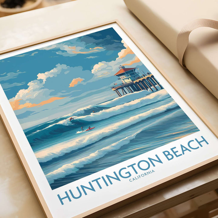 Vibrant Huntington Beach California surfing poster showcasing waves and coastlines, capturing beach culture energy.
