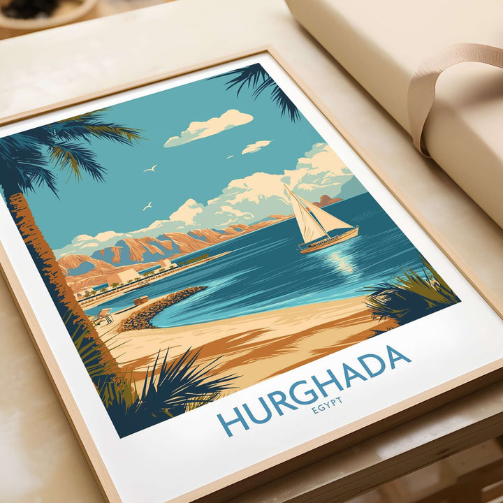 Hurghada Egypt poster showcasing a coastal scene with sailboat, palm trees, and vibrant Red Sea, perfect for decor.