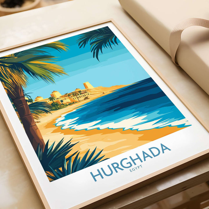 Vibrant Hurghada Egypt wall art featuring beach and palm trees, perfect for creating an exotic décor ambiance.