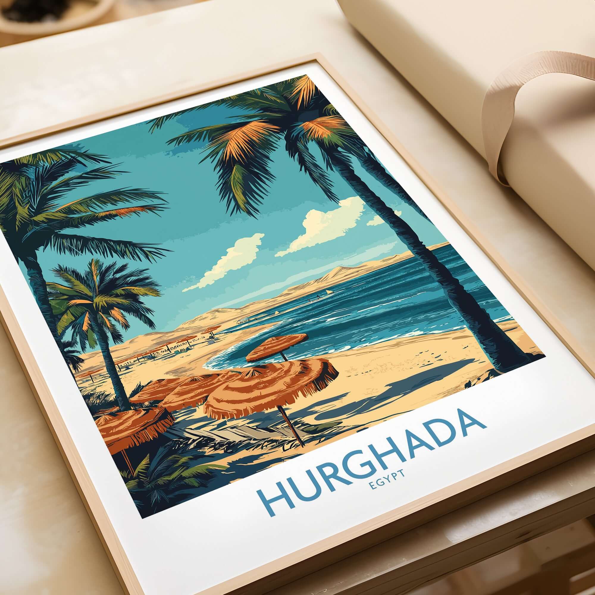 Hurghada Poster Egypt - Egyptian Resort Decor showcasing a coastal beach scene with palm trees and umbrellas.