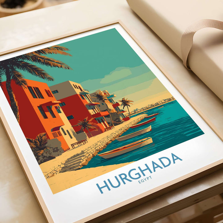 Hurghada Egypt wall art print featuring vibrant coastal scene and boats on the Red Sea.