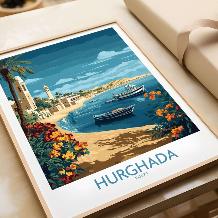 Hurghada art print featuring a vibrant coastal scene with boats and flowers, celebrating Egypt's beauty.