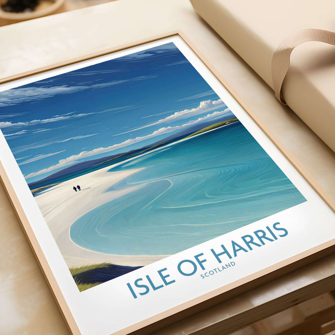 Framed Isle of Harris travel poster showcasing Scotland's scenic landscapes and coastal beauty.