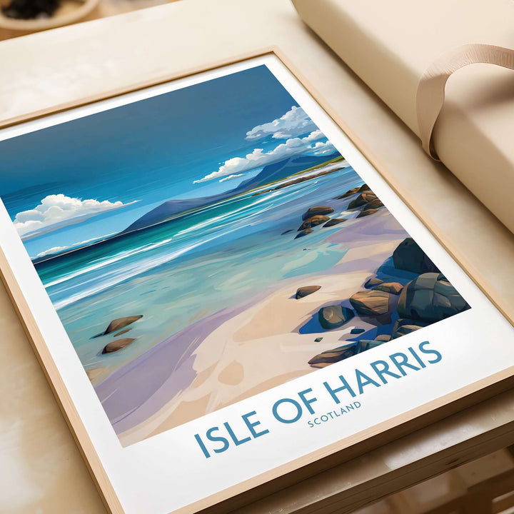 Isle of Harris poster featuring clear waters and beaches, ideal for coastal decor and Hebridean charm.