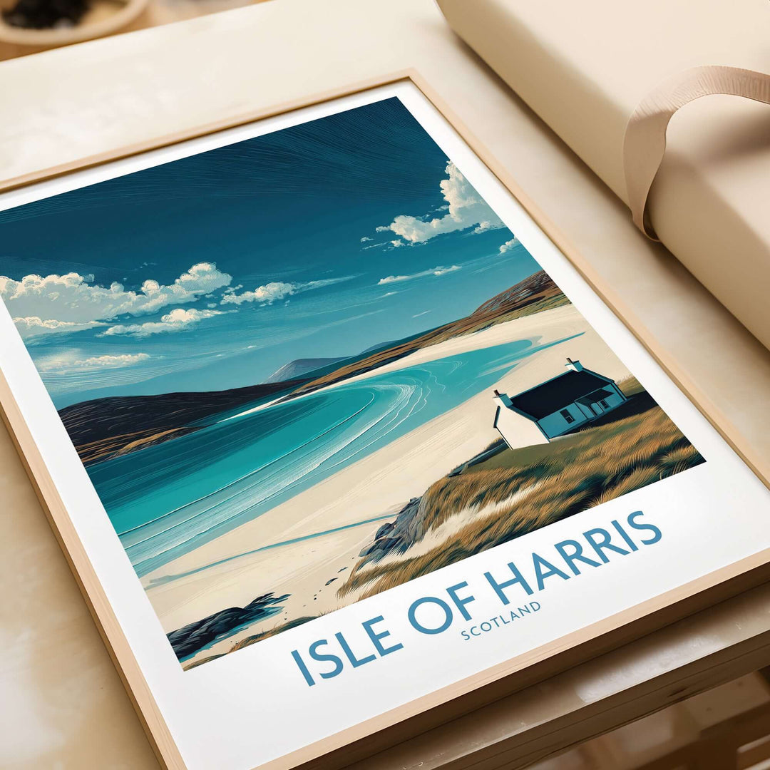 Isle of Harris wall art featuring an isolated cottage by white sandy shores, capturing Scotland's coastal beauty.
