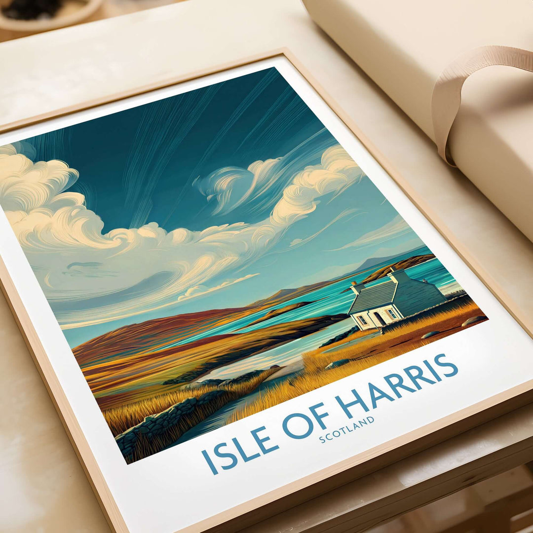 Isle of Harris poster featuring dramatic sky and seascape, ideal Scottish travel decor for home.