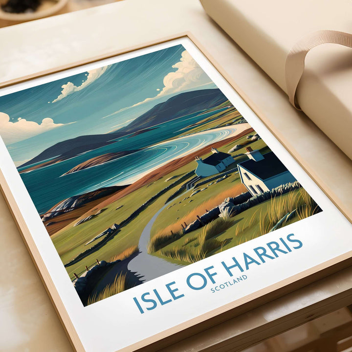 Isle of Harris Scotland landscape poster featuring coastal scenery and serene countryside views.