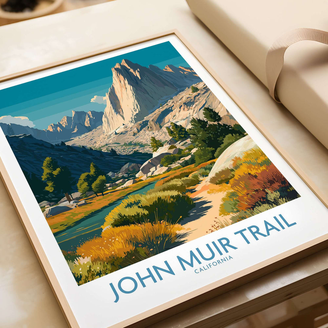 John Muir Trail California poster showcasing Alpine Valley in Yosemite National Park with mountains and lush greenery.
