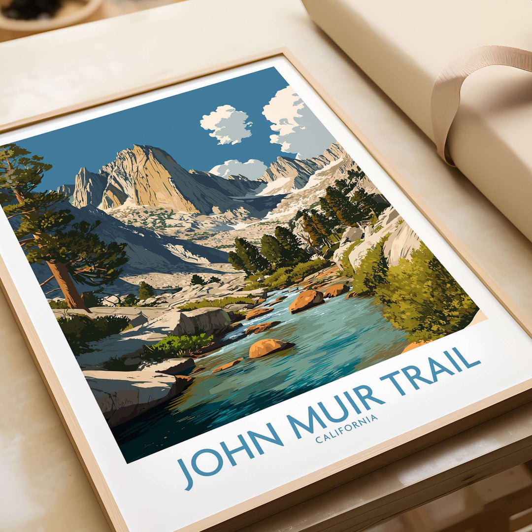John Muir Trail poster featuring mountain river and trees, showcasing California's iconic hiking trail scenery.