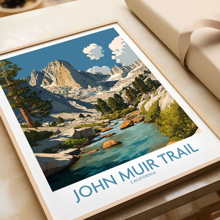 John Muir Trail poster featuring mountain river and trees, showcasing California's iconic hiking trail scenery.