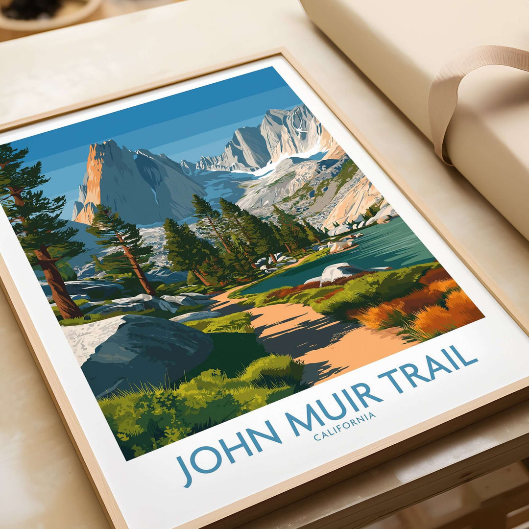 John Muir Trail California wall art print showcasing serene lake and majestic mountains in the Sierra Nevada