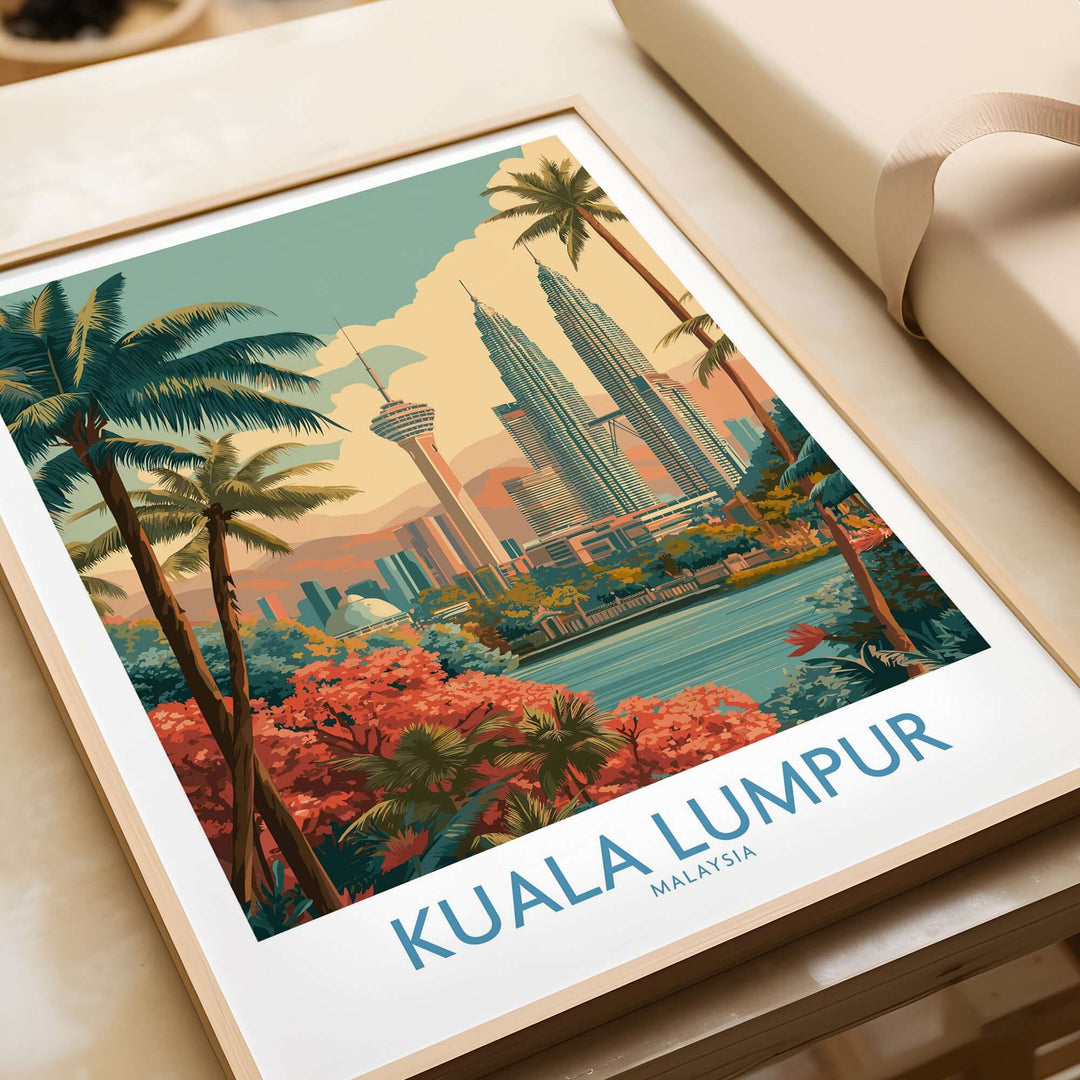 Kuala Lumpur poster featuring Malaysia's skyline with vibrant colors and tropical foliage, perfect for urban travel decor.