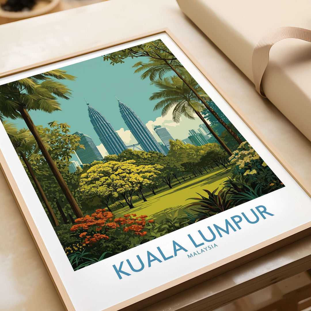 Kuala Lumpur skyline poster showcasing iconic landmarks and lush greenery, perfect wall art for urban explorers.