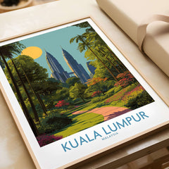 Kuala Lumpur Malaysia Print Sunny Urban Oasis - Malaysian Travel Poster showcased in a frame with greenery and skyline.