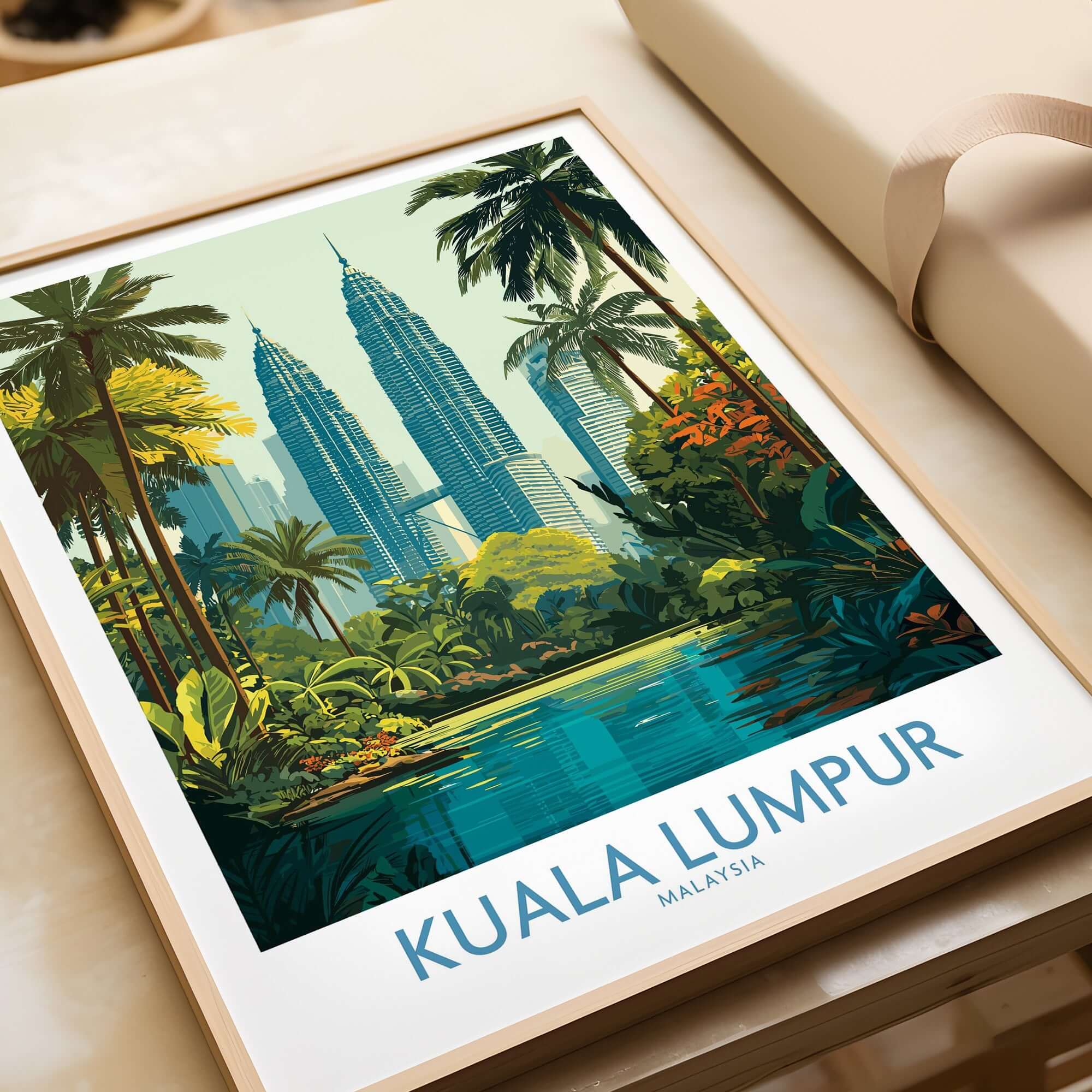 Kuala Lumpur Malaysia KLCC Park Wall Art - Malaysian Skyline Art Print featuring vibrant cityscape and lush greenery.