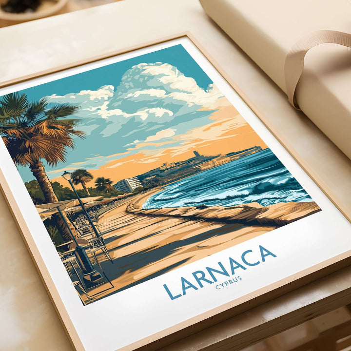 Larnaca poster featuring palm trees and sunset over the Mediterranean coast of Cyprus, perfect for travel enthusiasts.