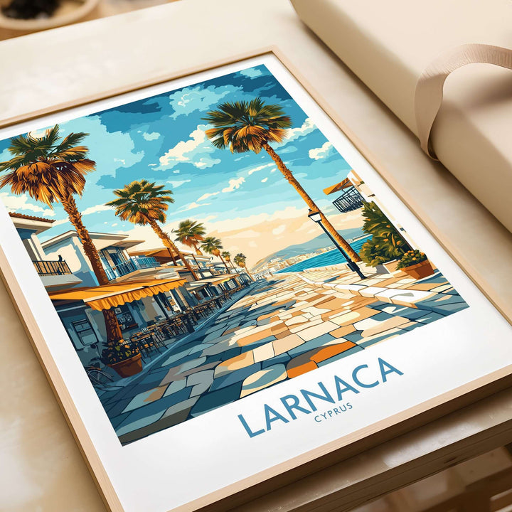 Larnaca Cyprus Finikoudes Beach wall art print featuring palm trees and coastline scenery.