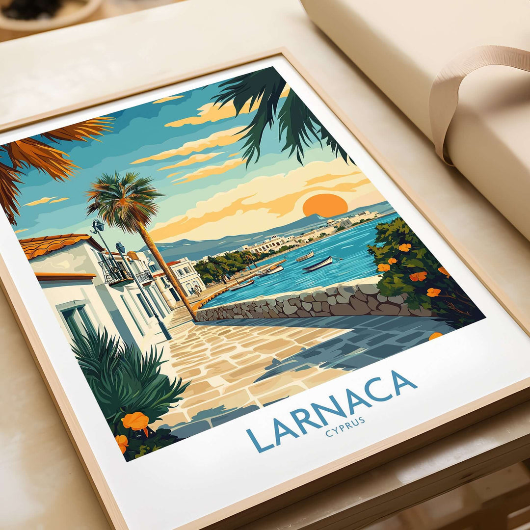 Larnaca Cyprus wall art travel poster showcasing coastal views, vibrant culture, and a sunset atmosphere.