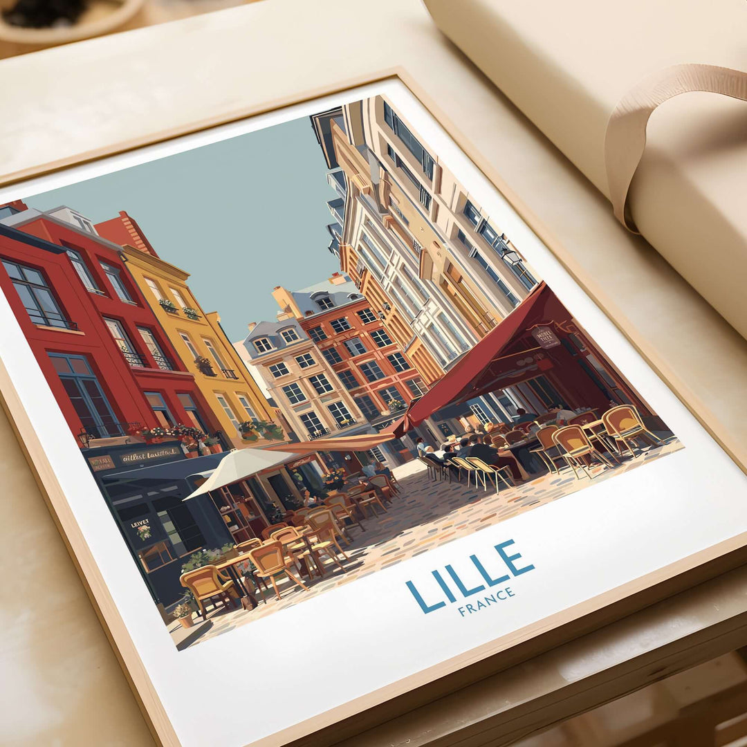Lille France French Cafe Culture poster showcasing vibrant street cafes in Northern France.