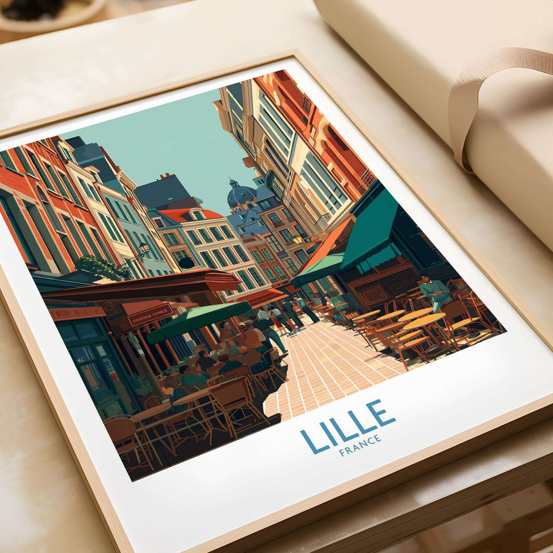 Lille France wall art showcasing a vibrant cityscape with outdoor cafés and charming architecture.