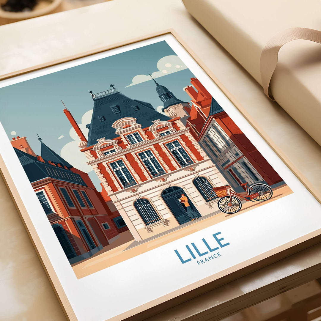 Lille France poster showcasing a charming European city scene with bike and historic architecture.