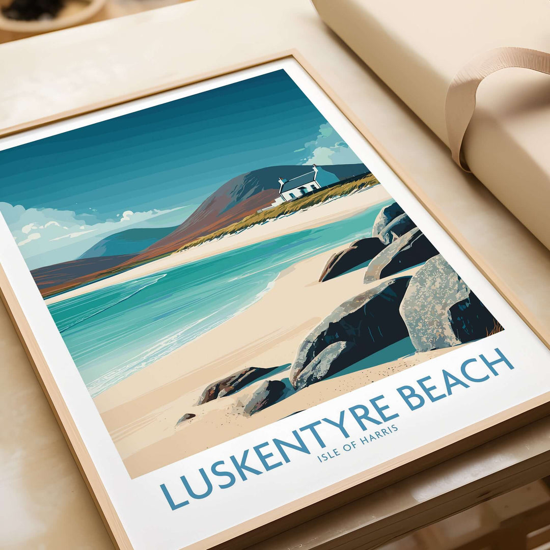 Luskentyre Beach wall art poster featuring turquoise waters and serene landscapes of Isle of Harris.