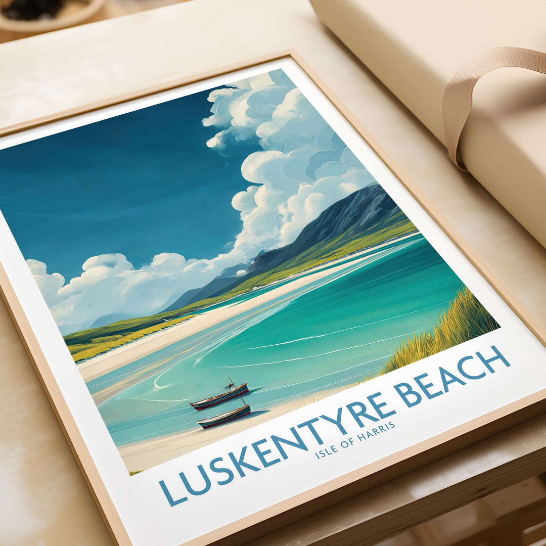 Luskentyre Beach Isle of Harris wall art print showcasing serene coastal beauty of Scotland's Hebrides.