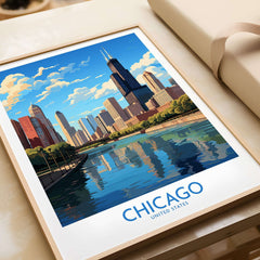 Chicago skyline wall art print showcasing vibrant colors and intricate details, perfect for home decor.