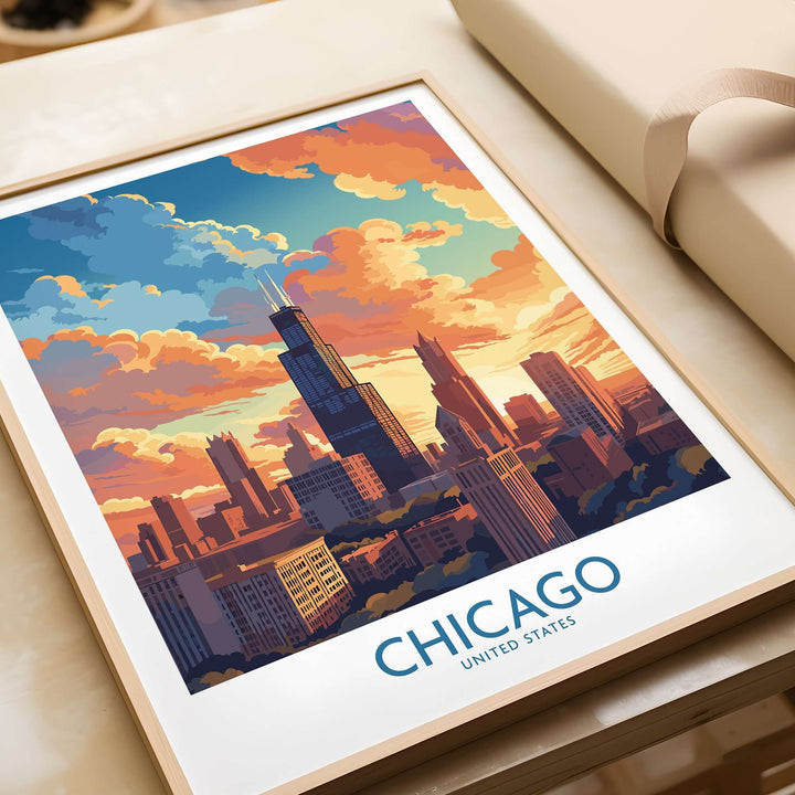 Chicago travel poster featuring a vibrant sunset over the city skyline, perfect for home decor and gifts.