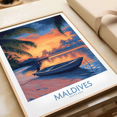 Maldives Wall Art Print - Sunset featuring a vibrant sunset over water with a boat and palm trees.