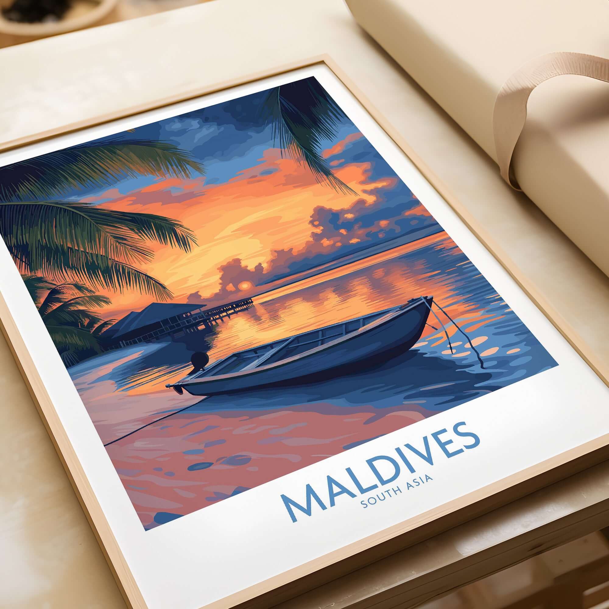 Maldives Wall Art Print - Sunset featuring a vibrant sunset over water with a boat and palm trees.