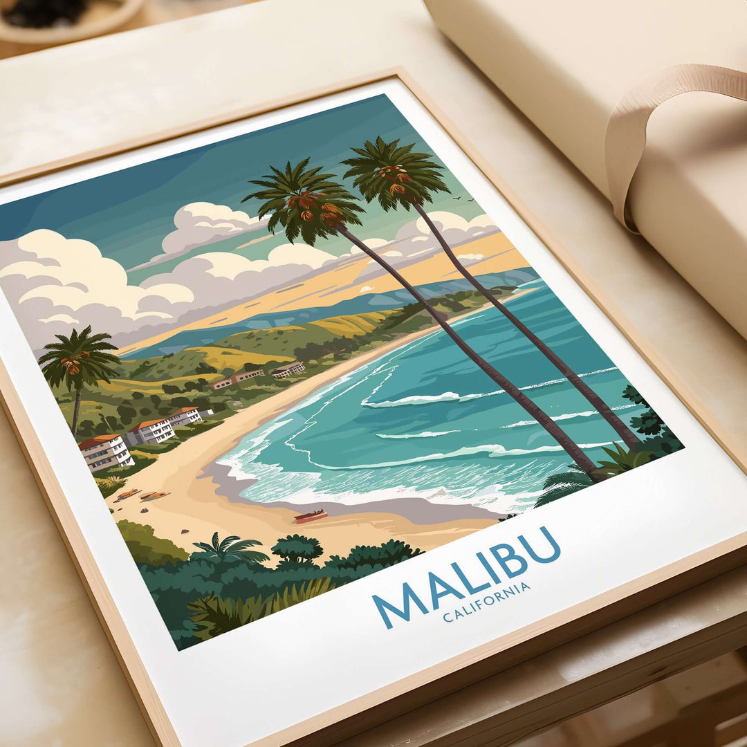 Malibu California beach poster print featuring palm trees and ocean views, perfect for home decor.