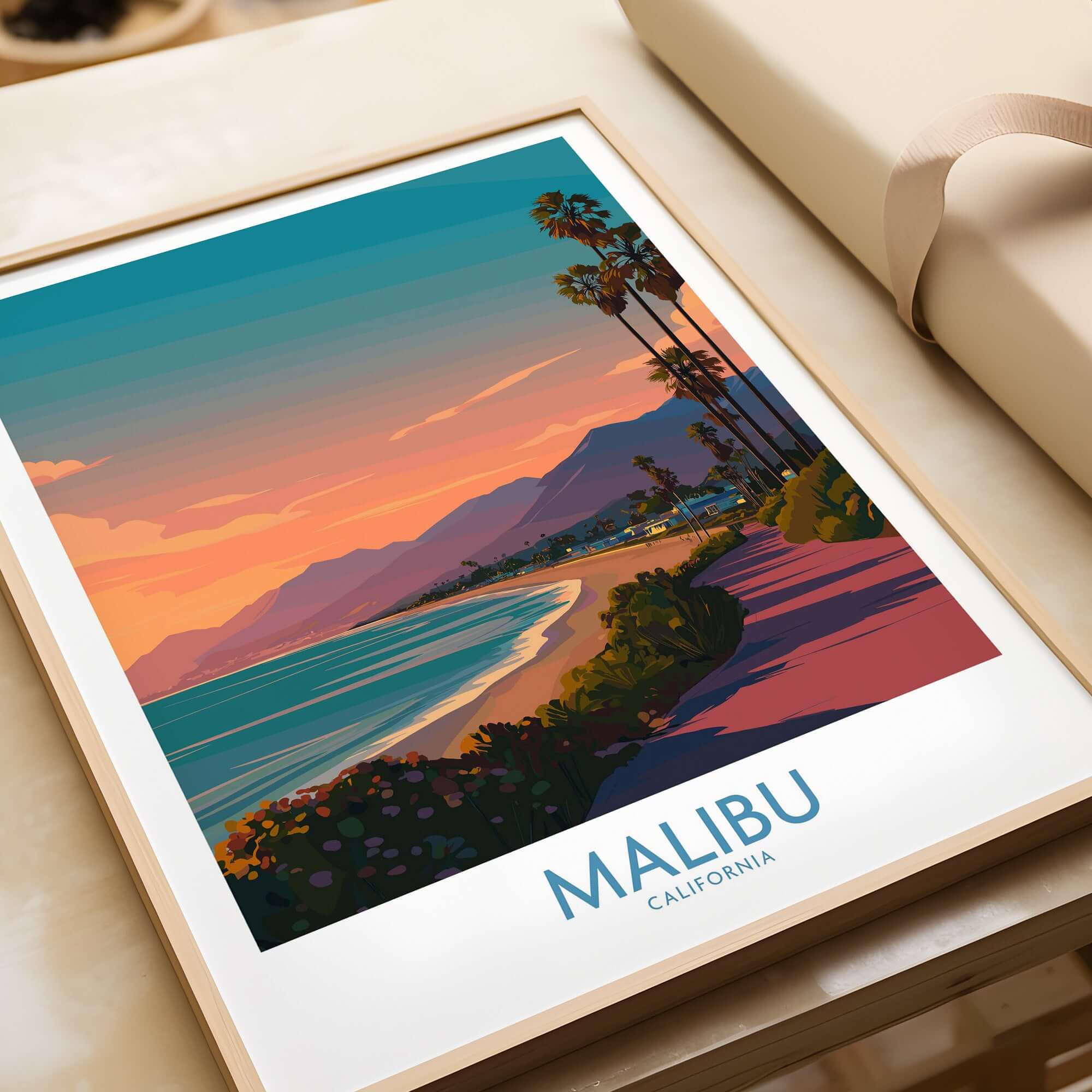 Malibu Poster California - California Beach Sunset Print framed artwork showcasing vibrant coastal scenery.