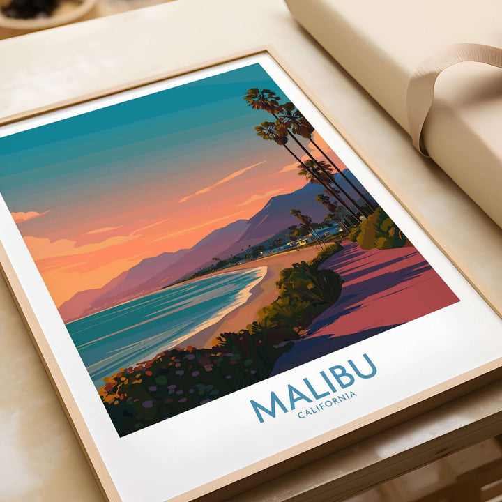 Malibu poster print showcasing a colorful California beach sunset and coastal views.