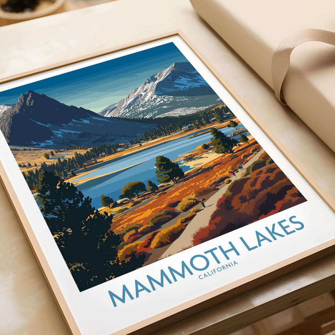 Mammoth Lakes California wall art print showcasing scenic mountains and lakes in vibrant colors.