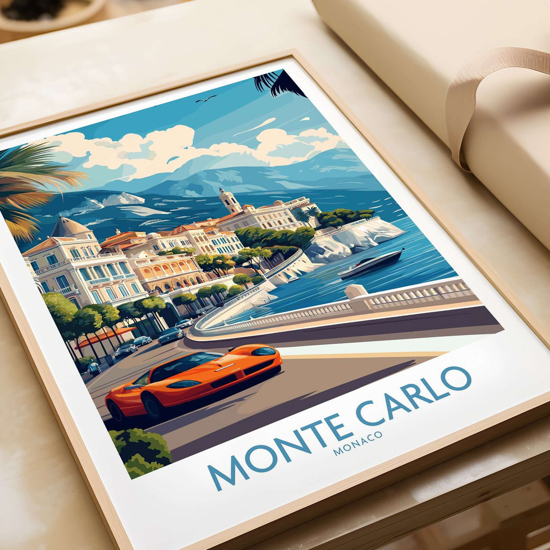 Monte Carlo wall art travel poster featuring iconic landmarks and a sports car along the Mediterranean coastline.