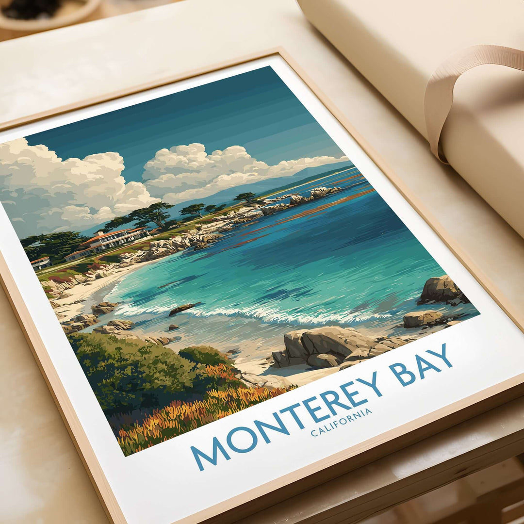 Monterey Bay California travel poster showcasing coastal scenery and vibrant marine life in a stylish frame.