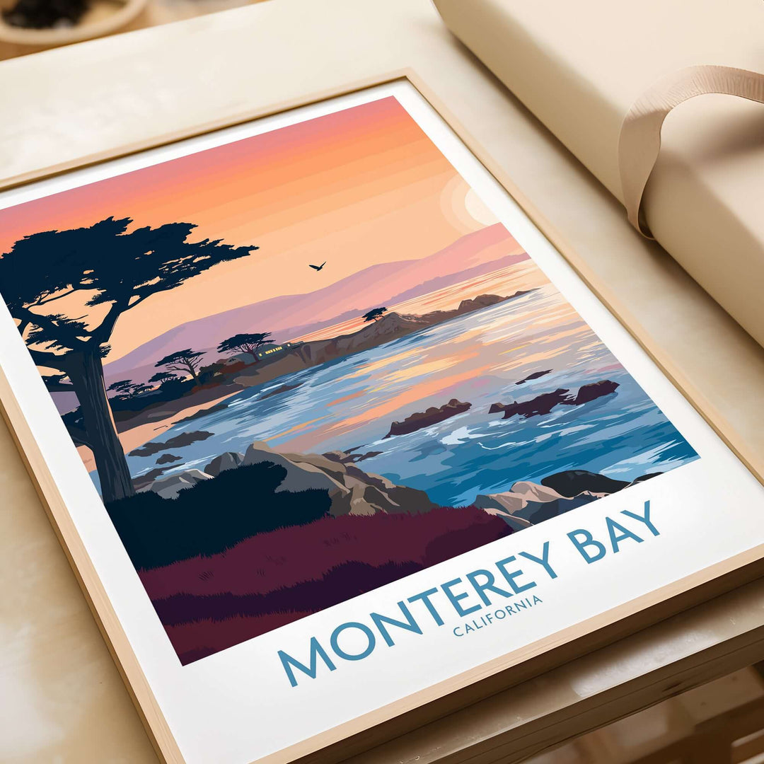 Monterey Bay California sunset coastline poster featuring cypress trees and serene ocean view.
